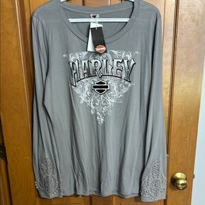 Harley-Davidson Gray Graphic Long Sleeve Top with Decorative Cuffs